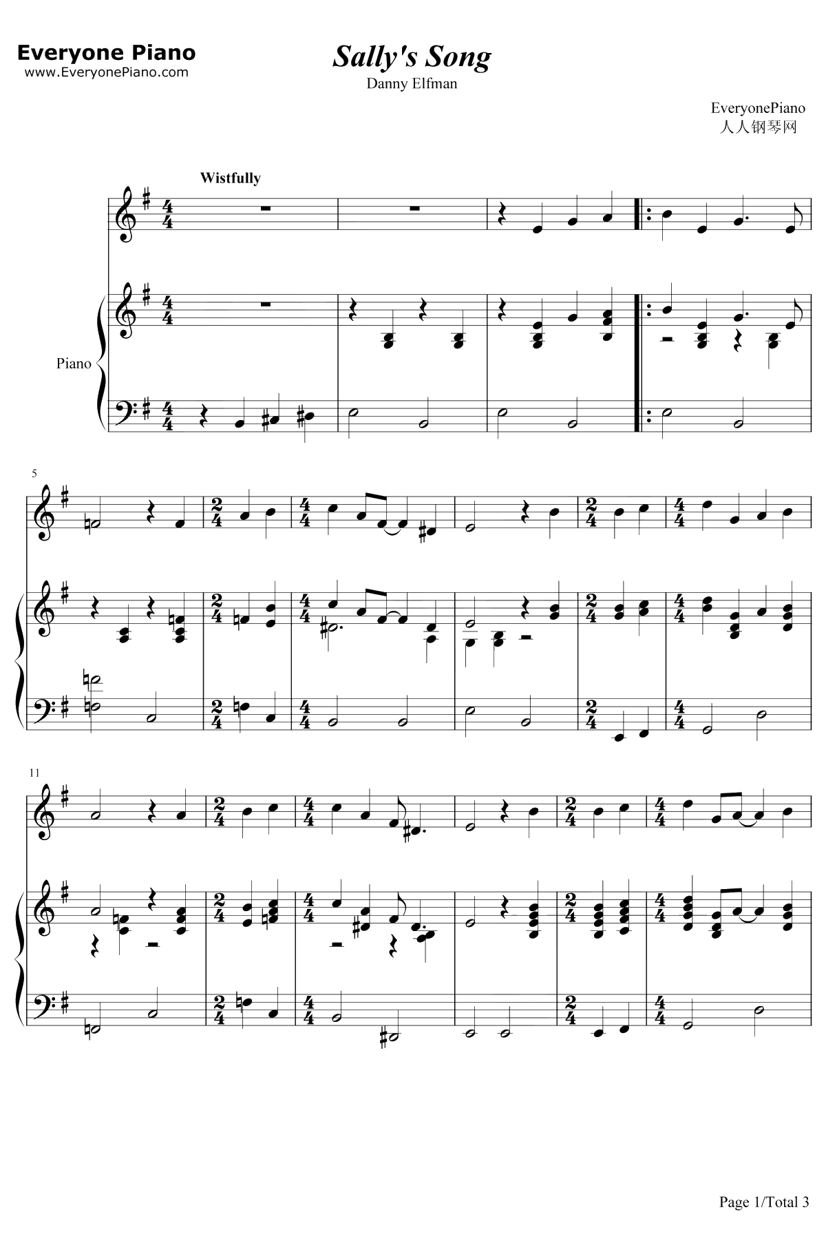 Sally's Song钢琴谱-DannyElfman-圣诞夜惊魂OST1