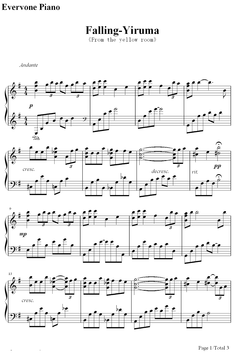 Falling钢琴谱-李闰珉-Yiruma1