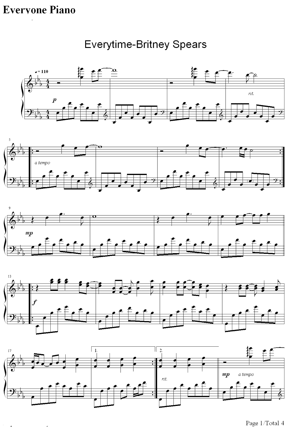 Everytime钢琴谱-布兰妮·斯皮尔斯（BritneySpears）-布兰妮·斯皮尔斯（BritneySpears）1