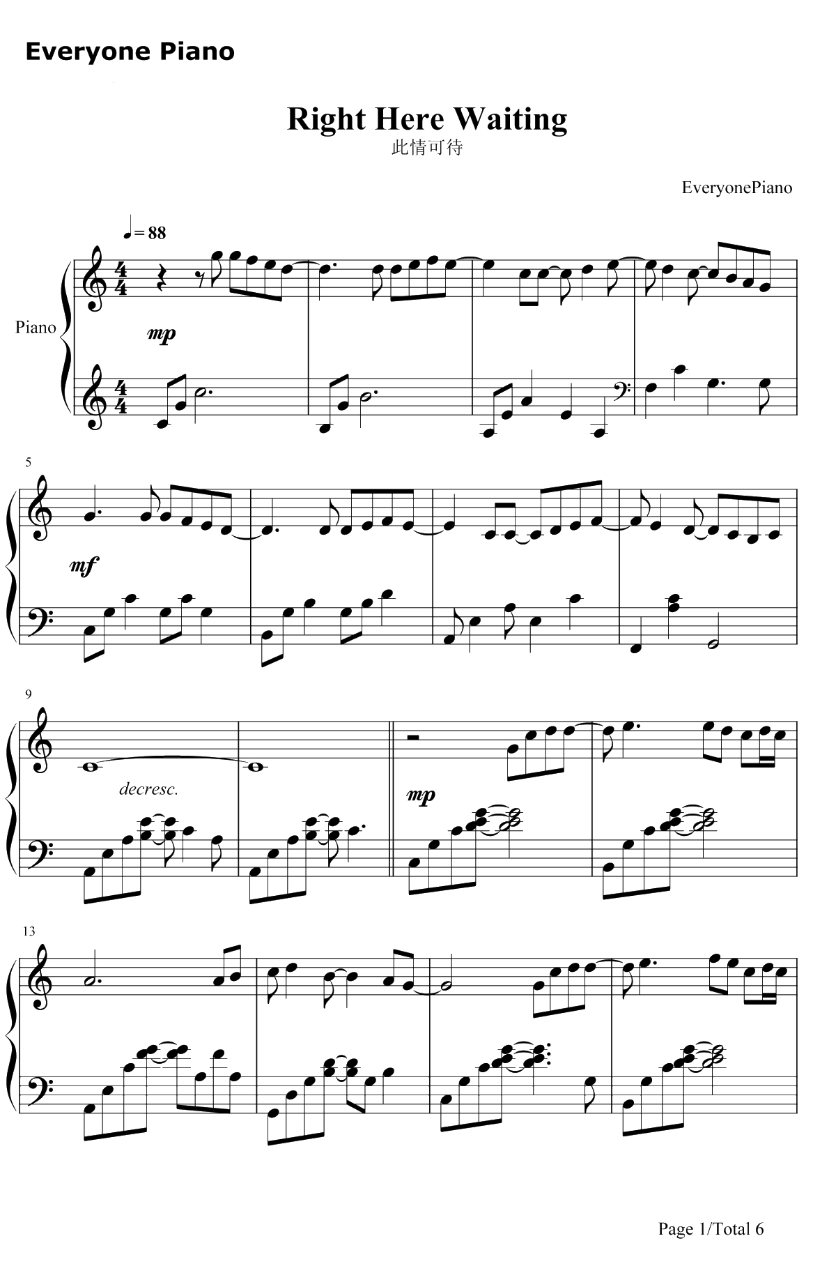 此情可待钢琴谱-RichardMarx-Right Here Waiting1