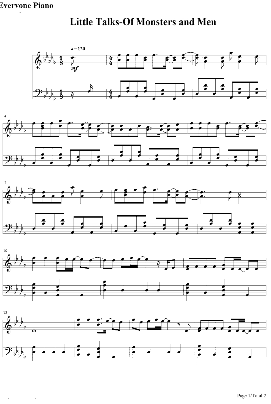 Little Talks钢琴谱-OfMonstersandMen1