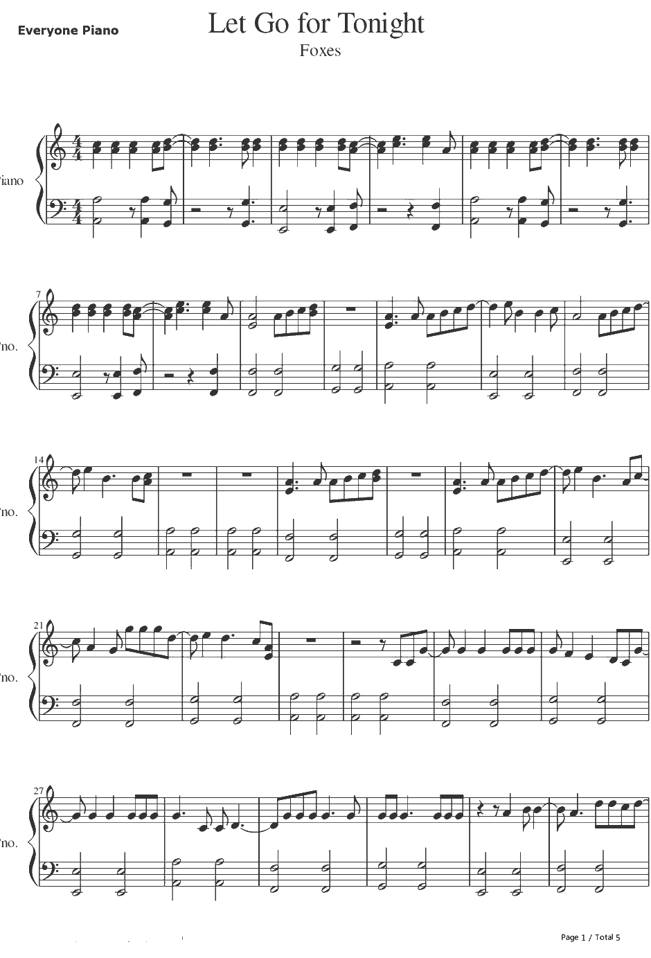 Let Go For Tonight钢琴谱-Foxes1