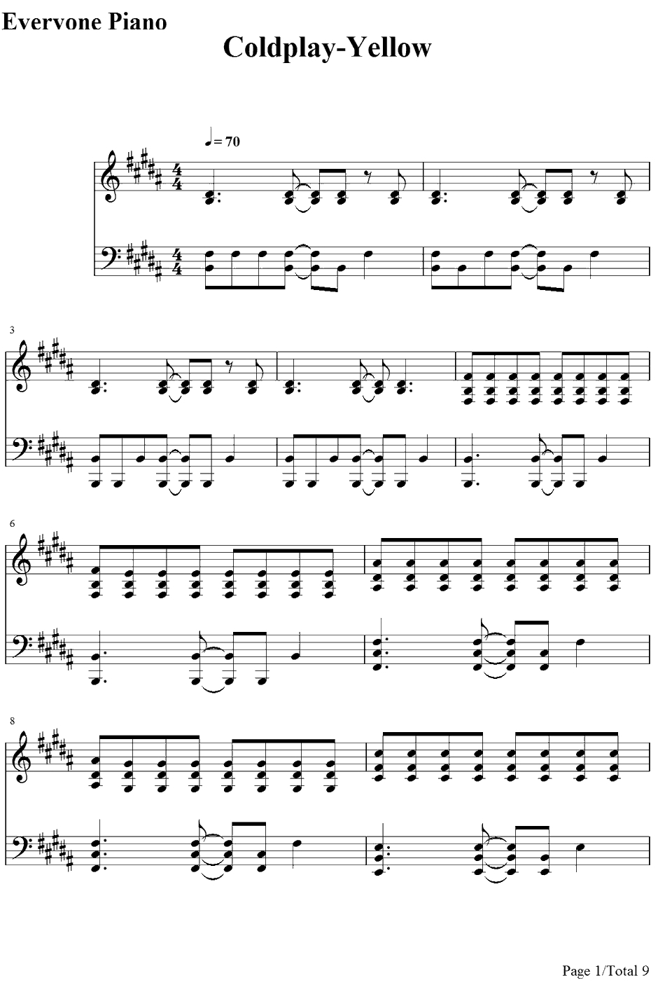 Yellow钢琴谱 Coldplay1