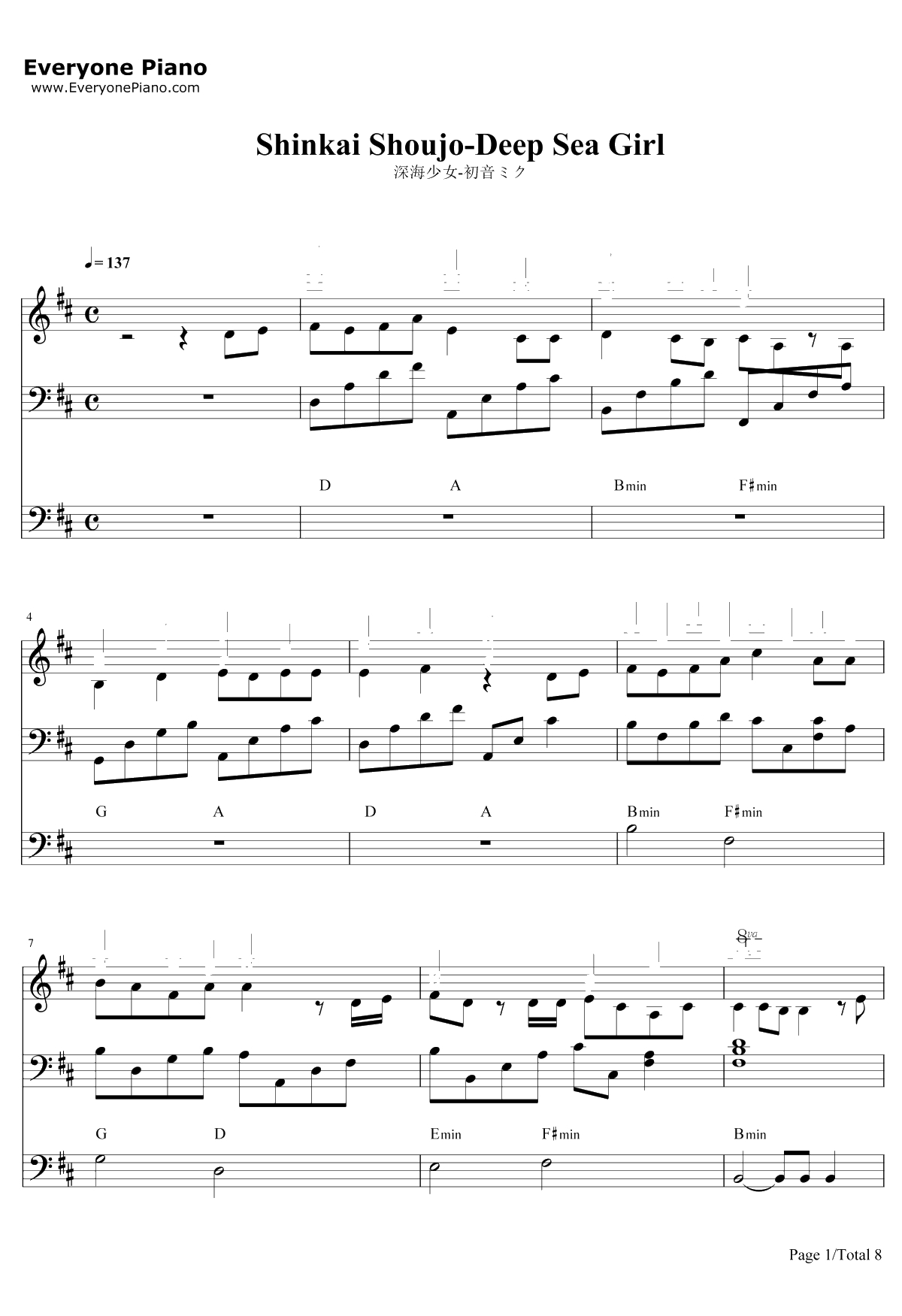 深海少女钢琴谱-初音ミク初音未来1