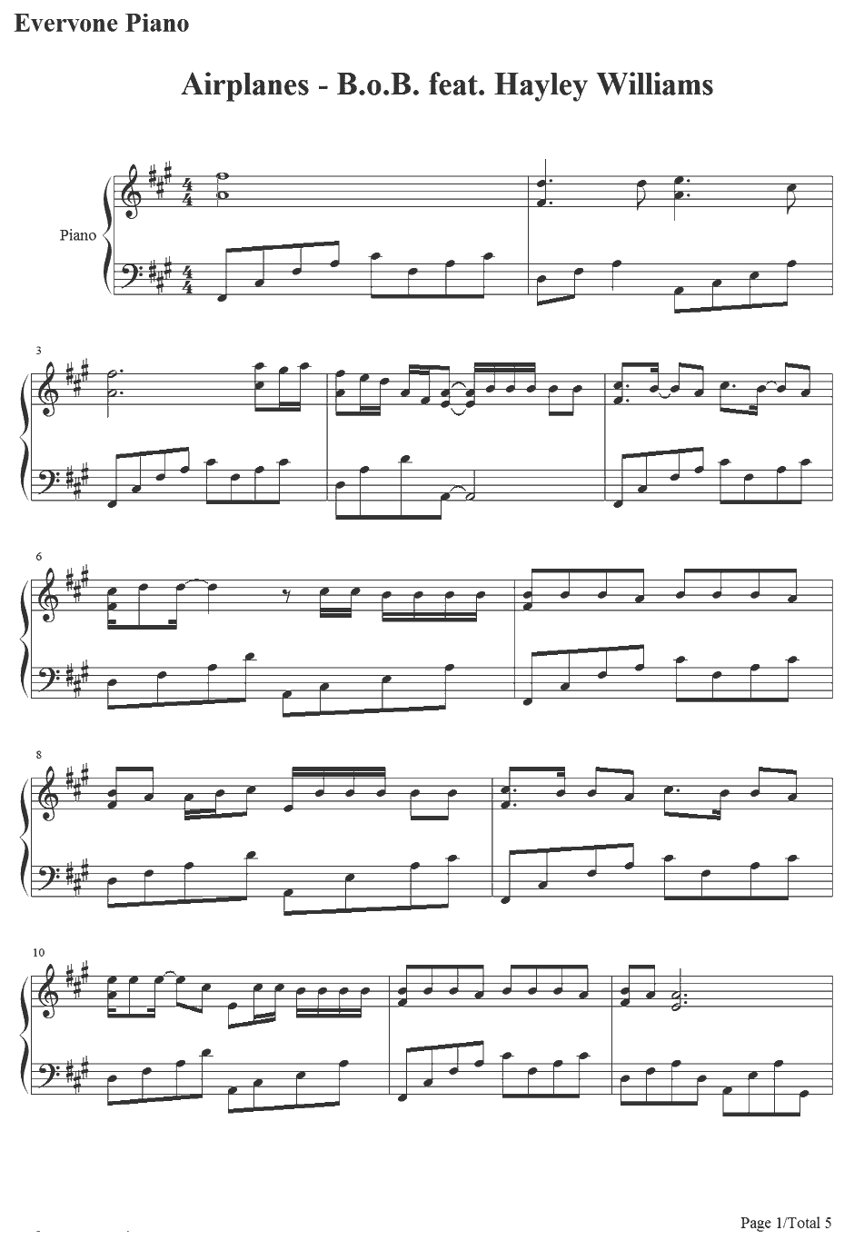 Airp lanes钢琴谱-B.o.B.feat.HayleyWilliams1