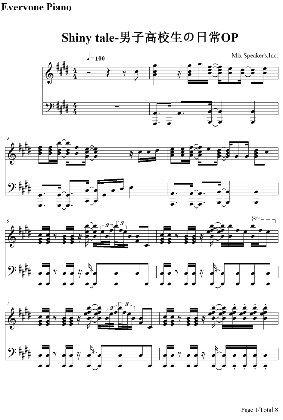 Shiny Tale钢琴谱-MixSpeaker'sInc.-男子高中生的日常OP1