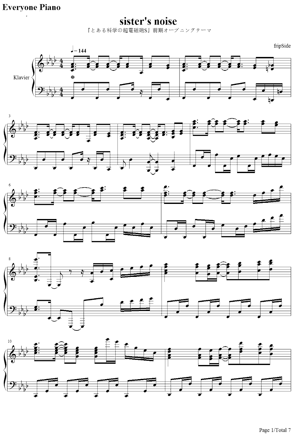 sister's noise钢琴谱-fripSide-某科学の超点磁炮SOP11
