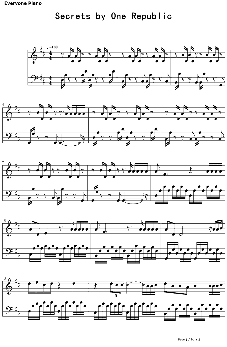 Secrets钢琴谱-OneRepublic-魔法师的学徒主题曲1