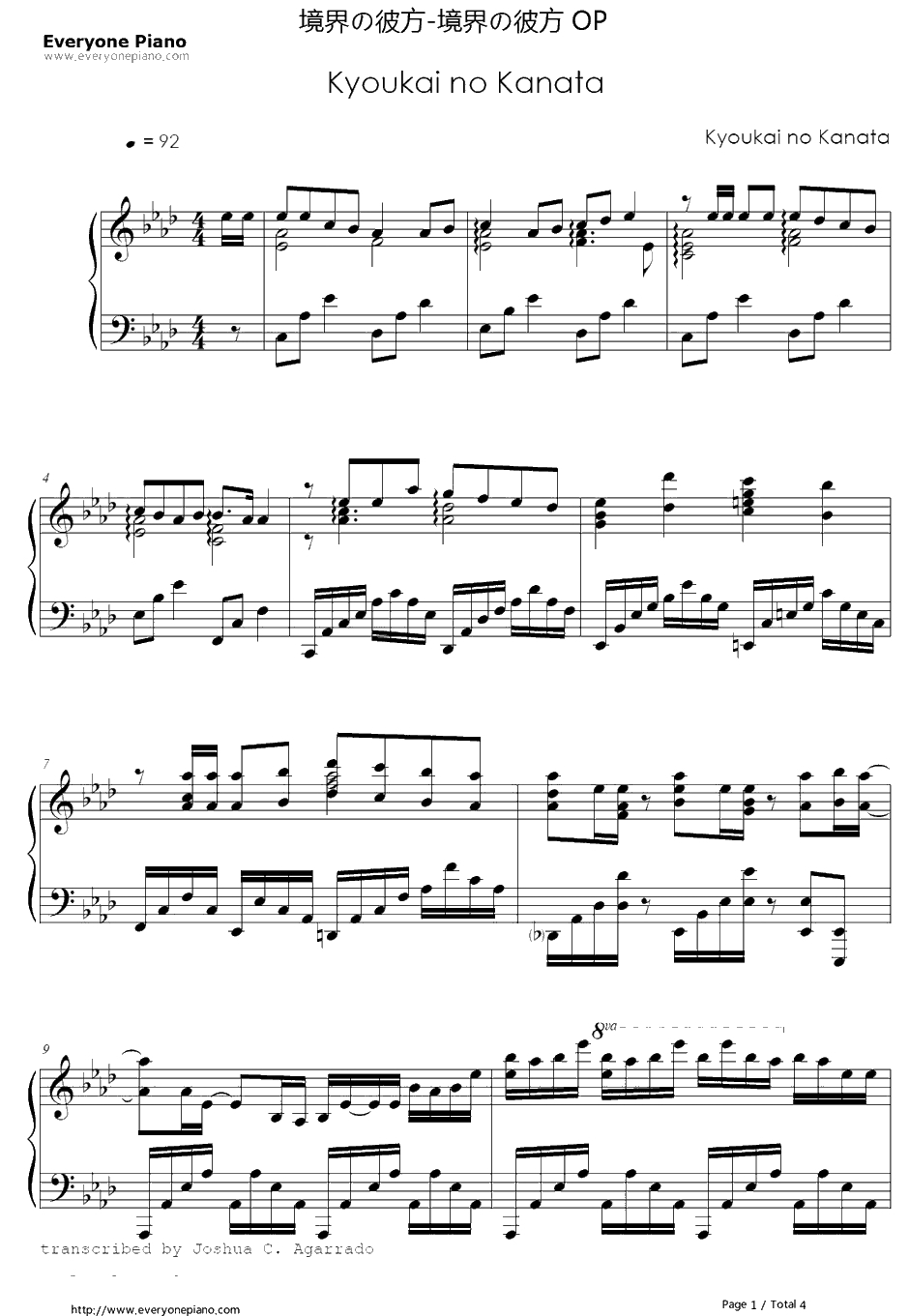 境界の彼方钢琴谱-茅原实里-境界の彼方OP1