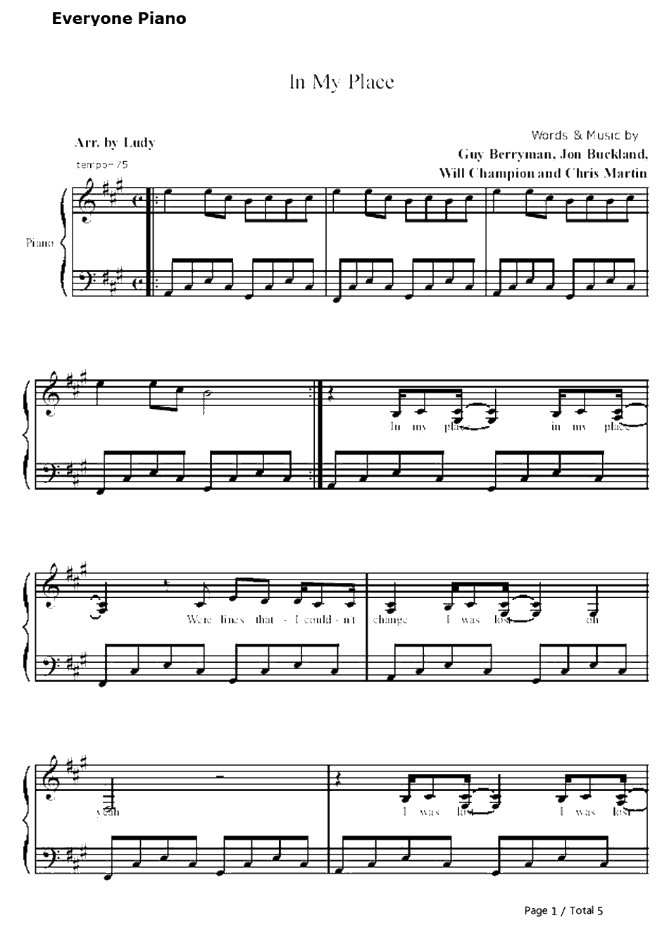 In My Place钢琴谱-Coldplay1