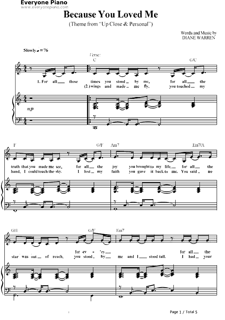 Because You Loved Me钢琴谱-席琳·迪翁（CelineDion）-战地之恋主题曲1