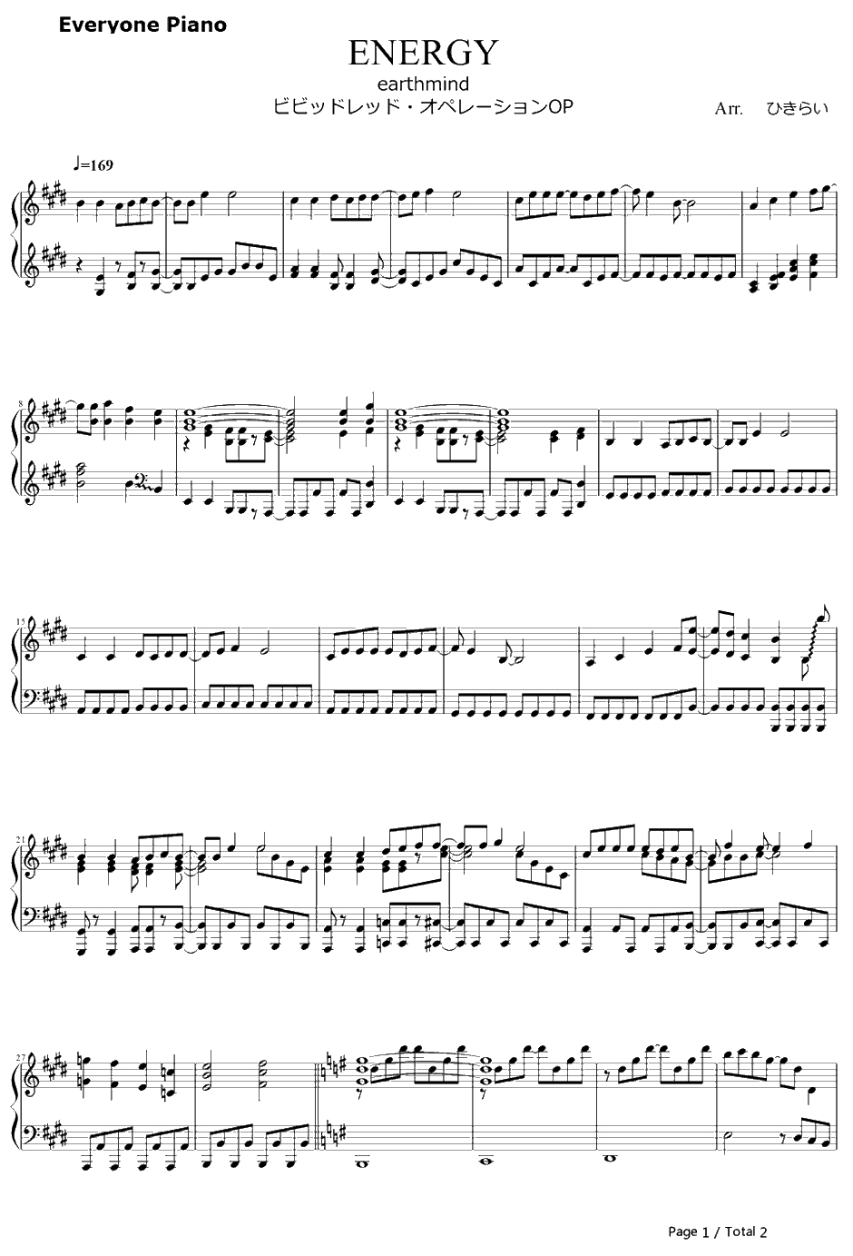 ENERGY钢琴谱-earthmind-ビビッドレッドオペレーションOP1