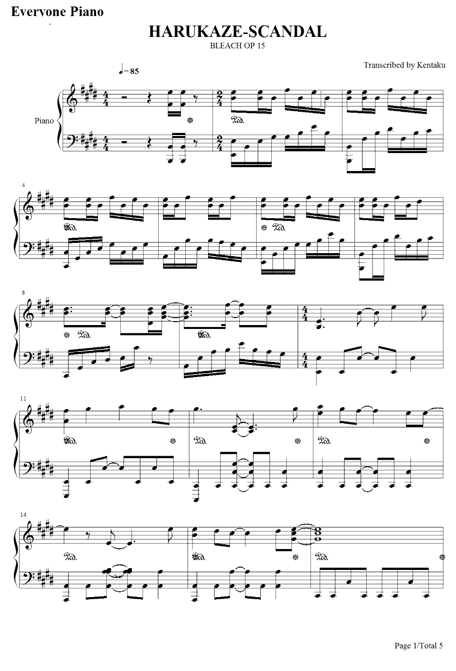 HARUKAZE钢琴谱-SCANDAL-死神OP151