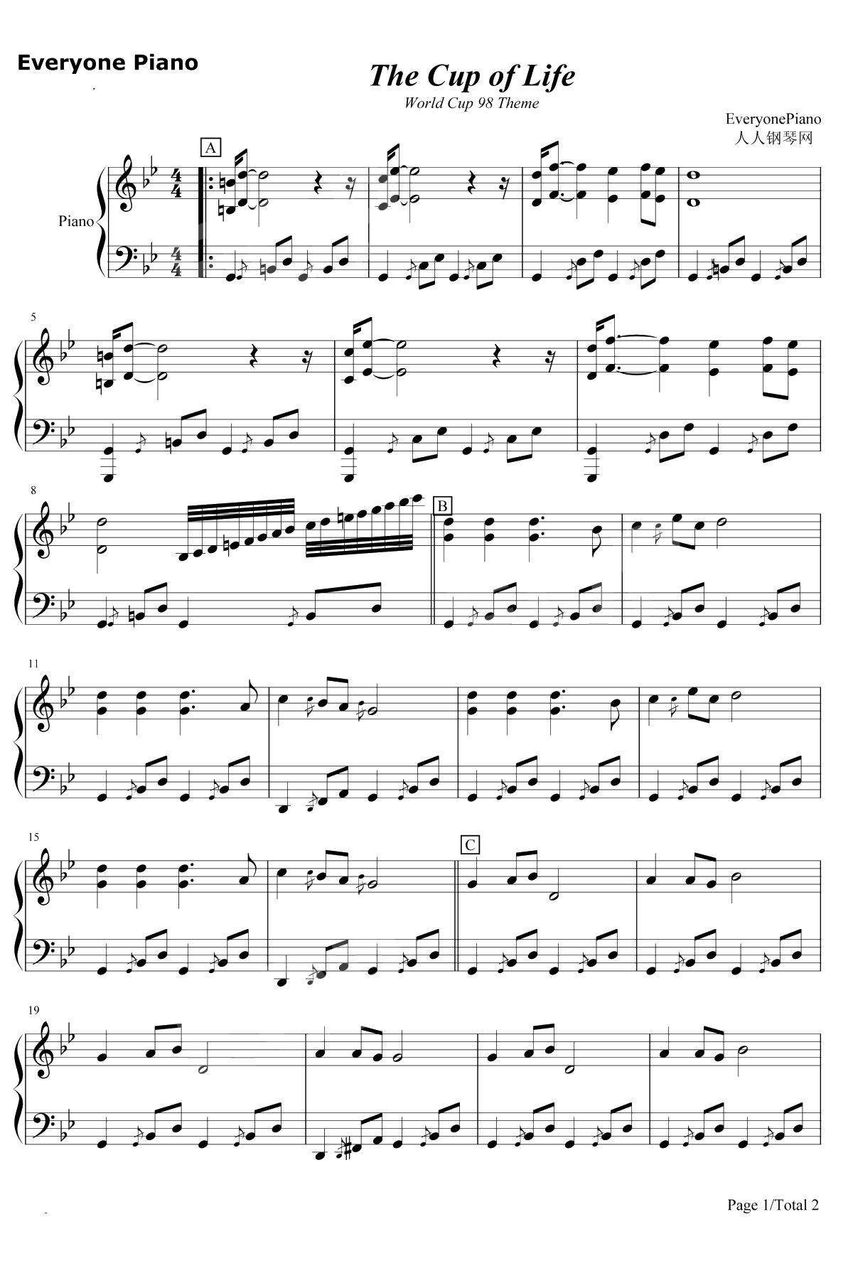 生命之杯钢琴谱-RickyMartin-TheCupofLife-1998年世界杯足球赛主题曲1