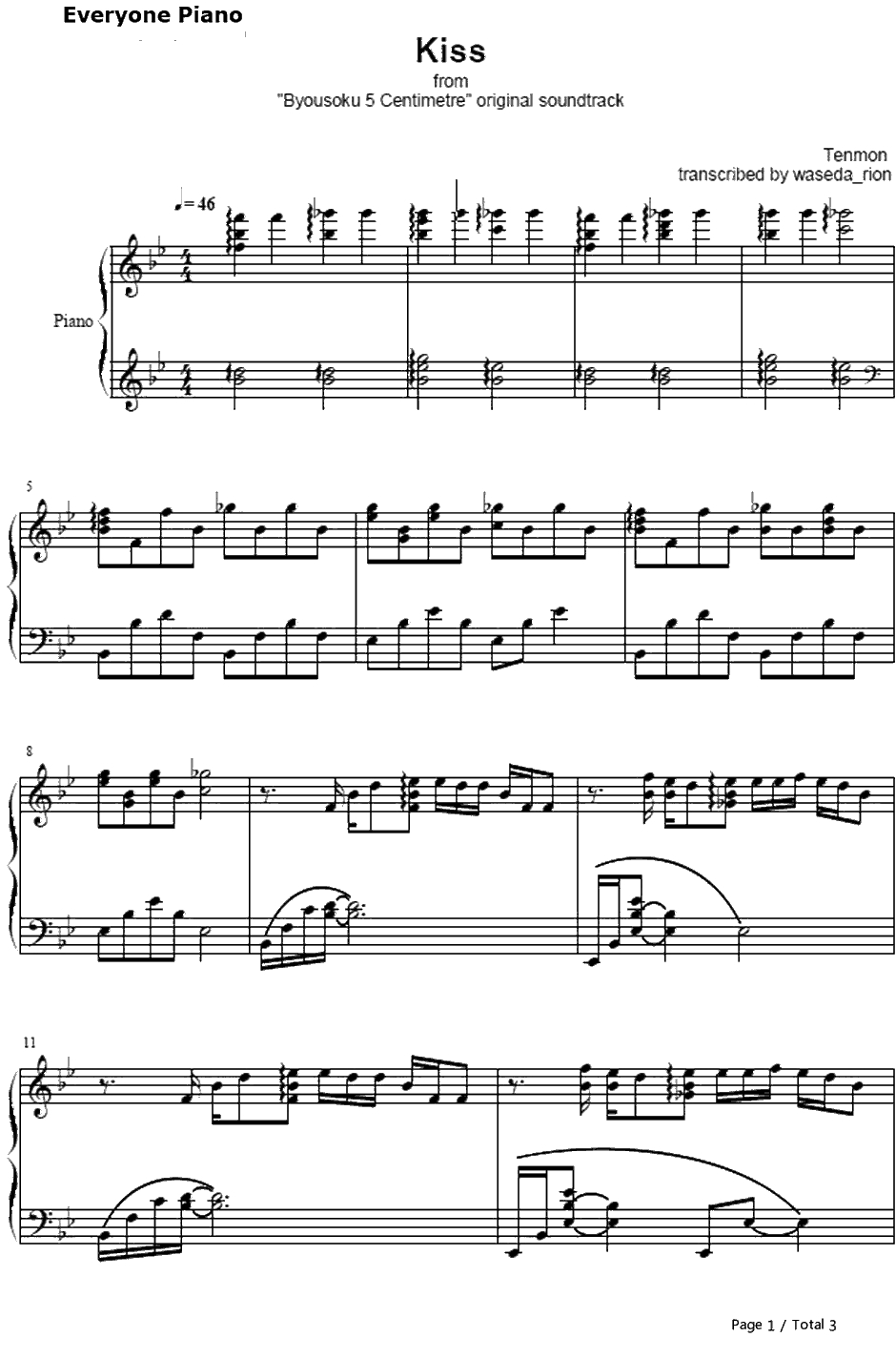 kiss钢琴谱-天门-秒速5厘米OST1