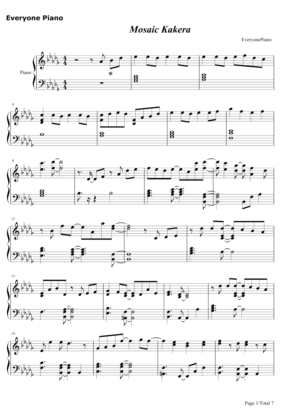 モザイクカケラ钢琴谱-SunSetSwish-CodeGeass反叛的鲁鲁修ED21