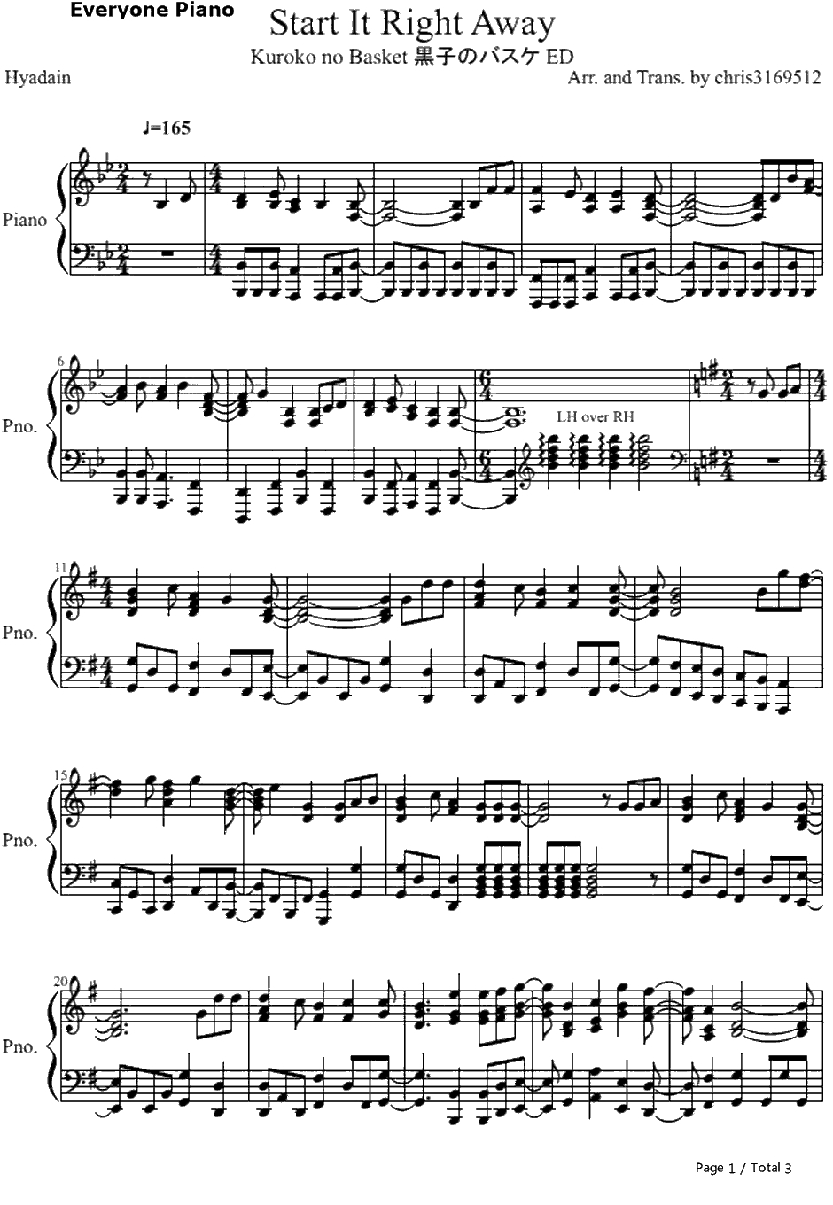 Start it right away钢琴谱-ヒャダイン-黑子的篮球ED11