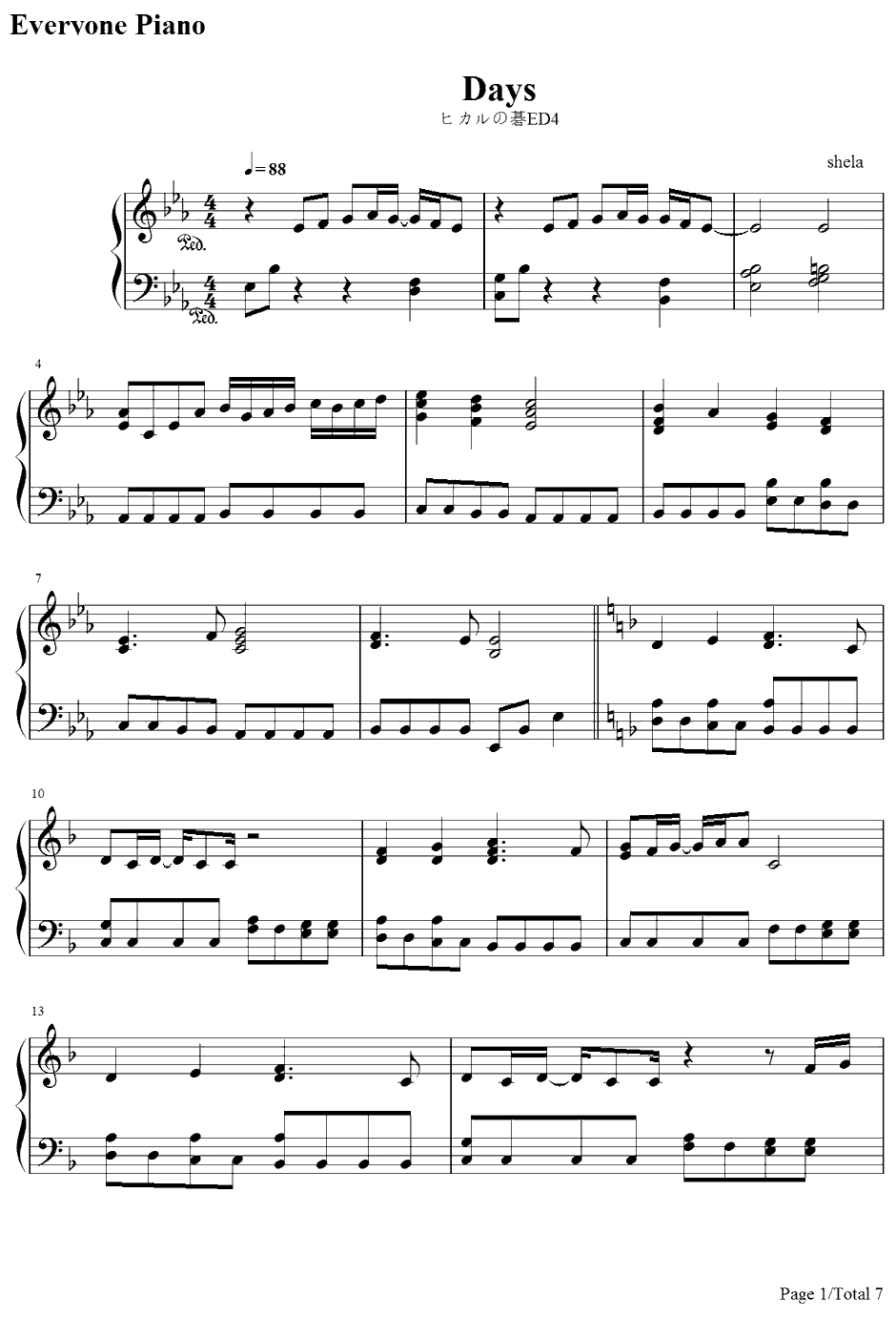 Days钢琴谱-Shela-棋魂ED1