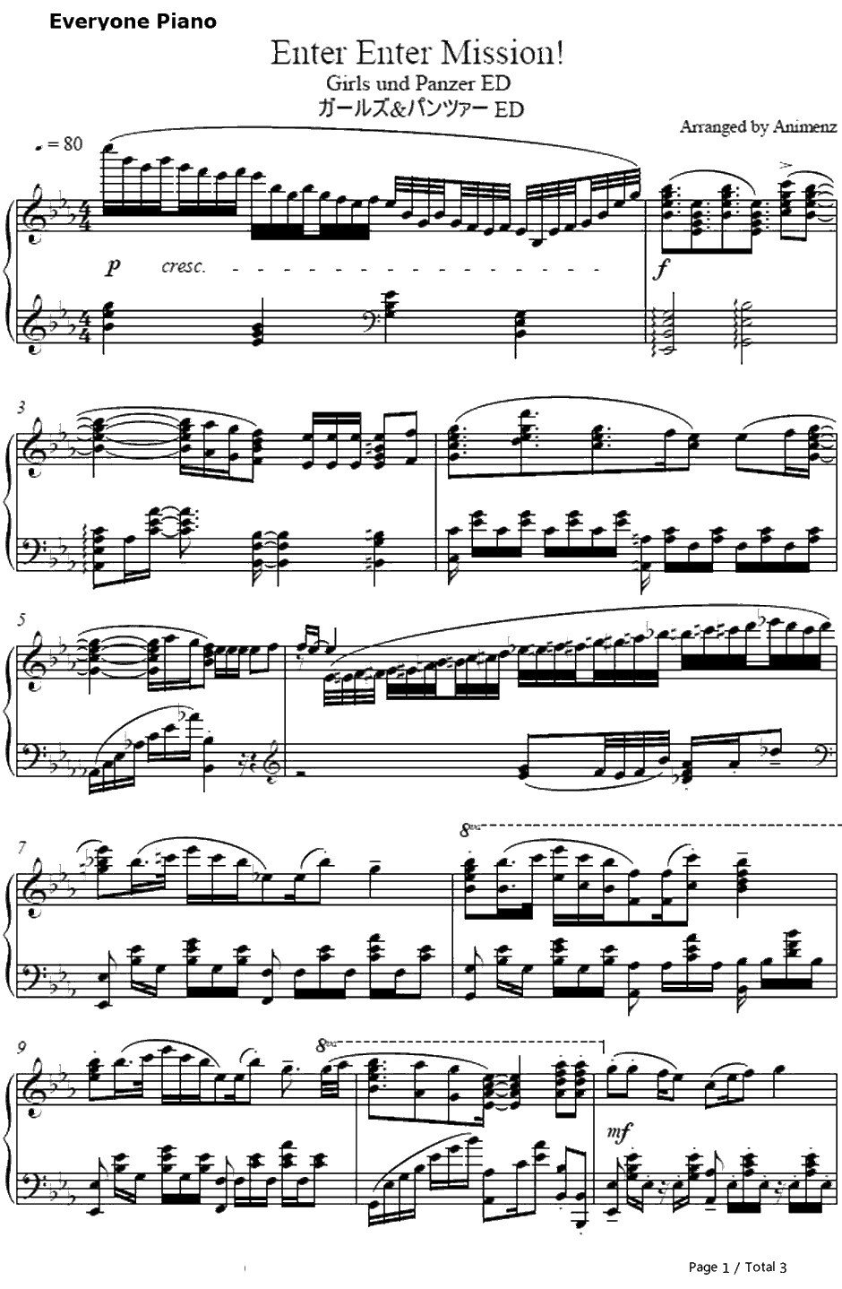 Enter Enter Mission钢琴谱-西住美穗（渊上舞）、武部沙织（茅野爱衣）、五十铃华（尾崎真实）、秋山优花里（中上育实）、冷泉麻子（井口裕香）-少女与战车ED1