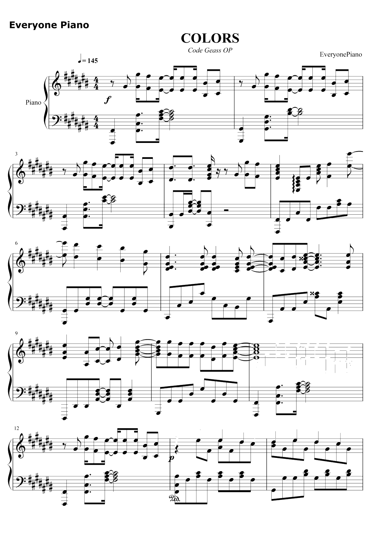 COLORS钢琴谱-FLOW-CodeGeass反叛的鲁鲁修OP11
