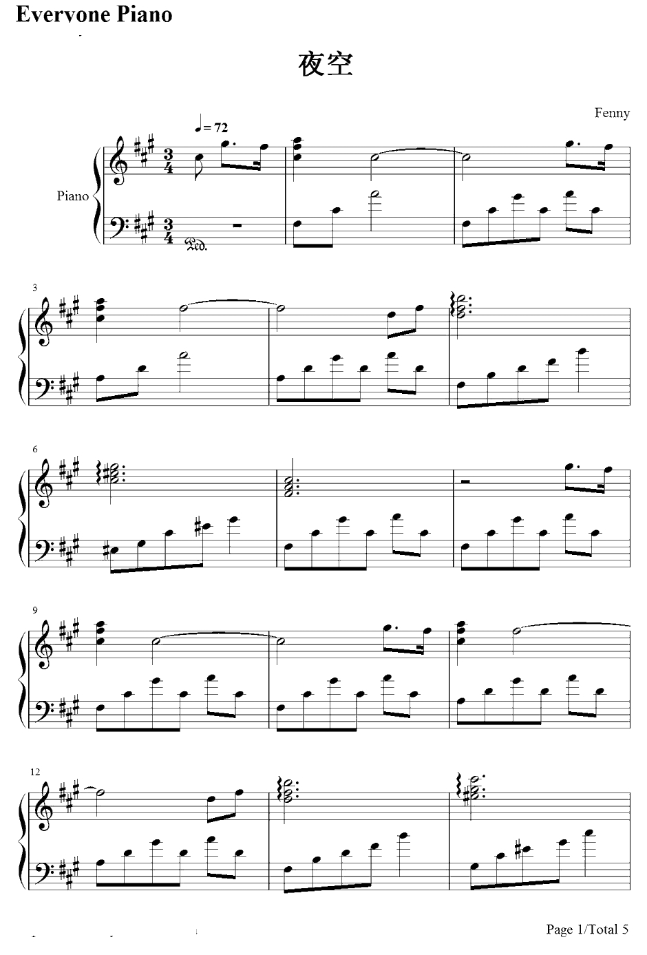 夜空钢琴谱-未知-网友原创1