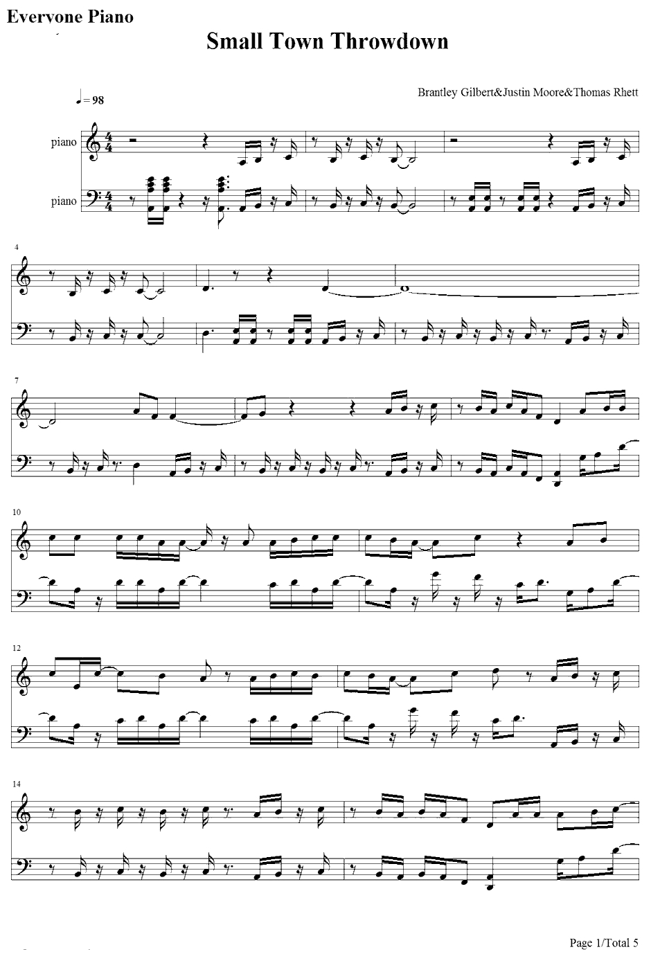 Small Town Throwdown钢琴谱-BrantleyGilbert1