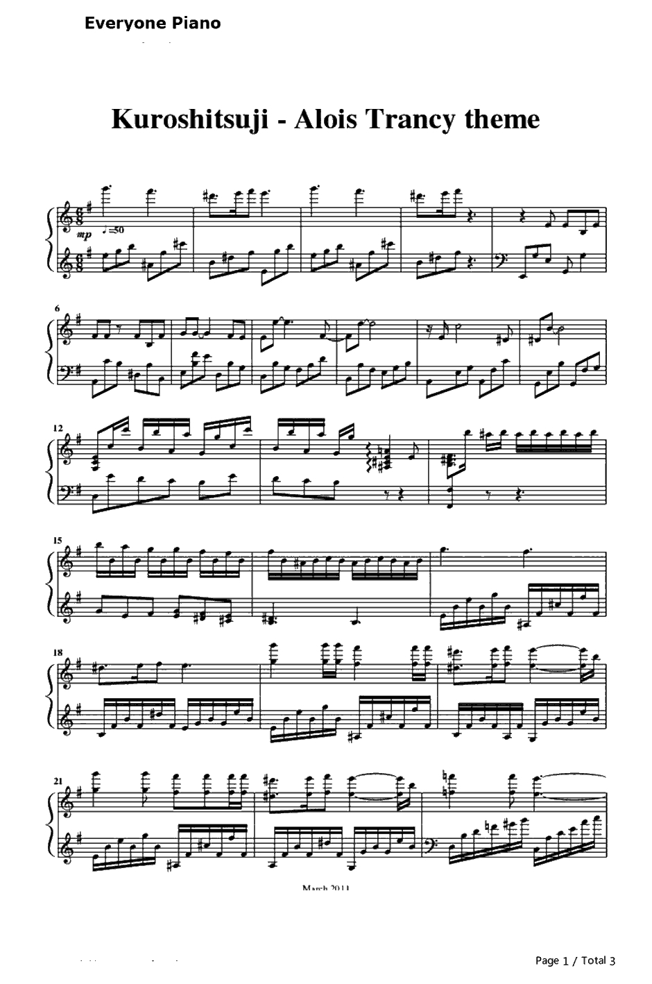 The Slightly Chipped Full Moon钢琴谱-岩崎琢-黑执事Ⅱ插曲1