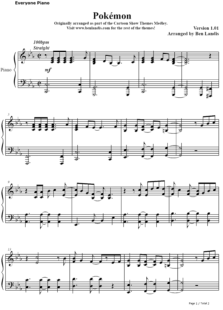Pokemon主题曲钢琴谱-Pokemon主题曲1