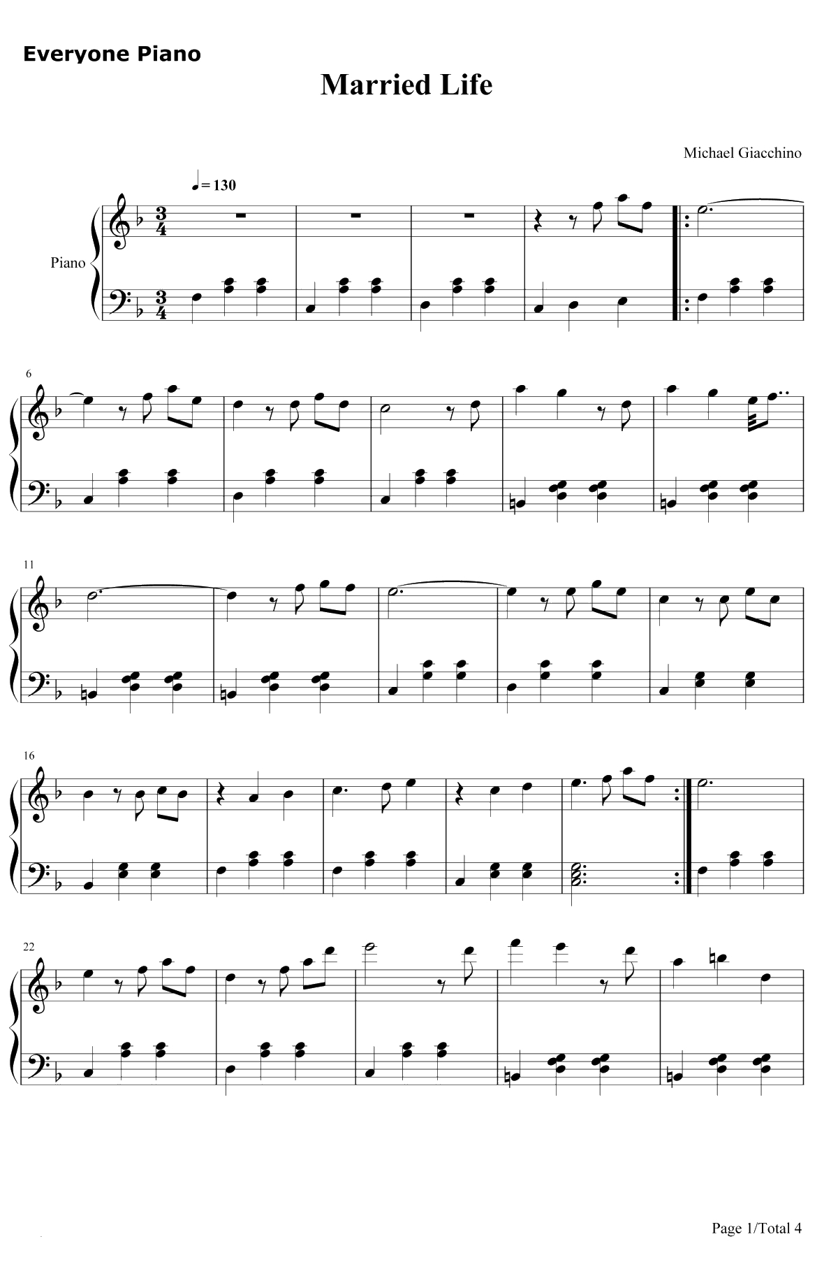 Married Life钢琴谱-MichaelGiacchino-飞屋环游记OST1