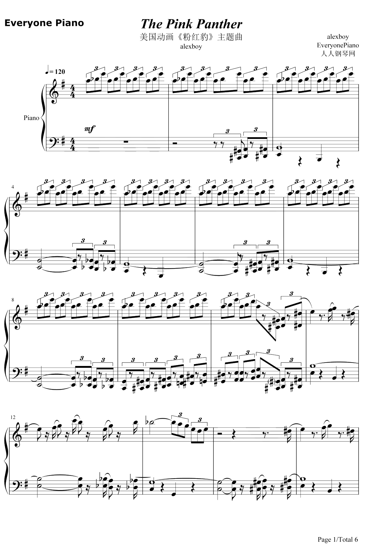 The Pink Panther Theme钢琴谱-HenryMancini-粉红豹主题曲1