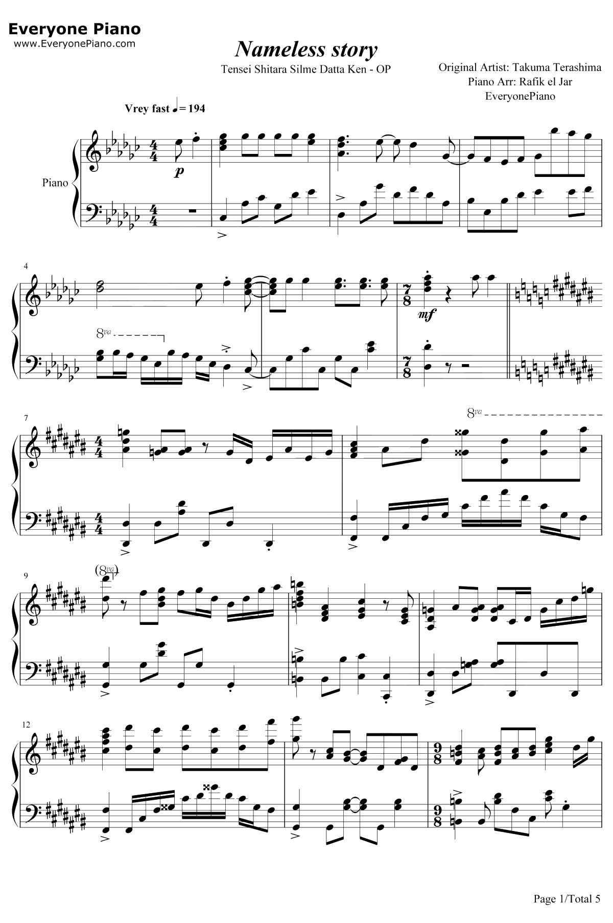Nameless Story钢琴谱-寺岛拓笃1