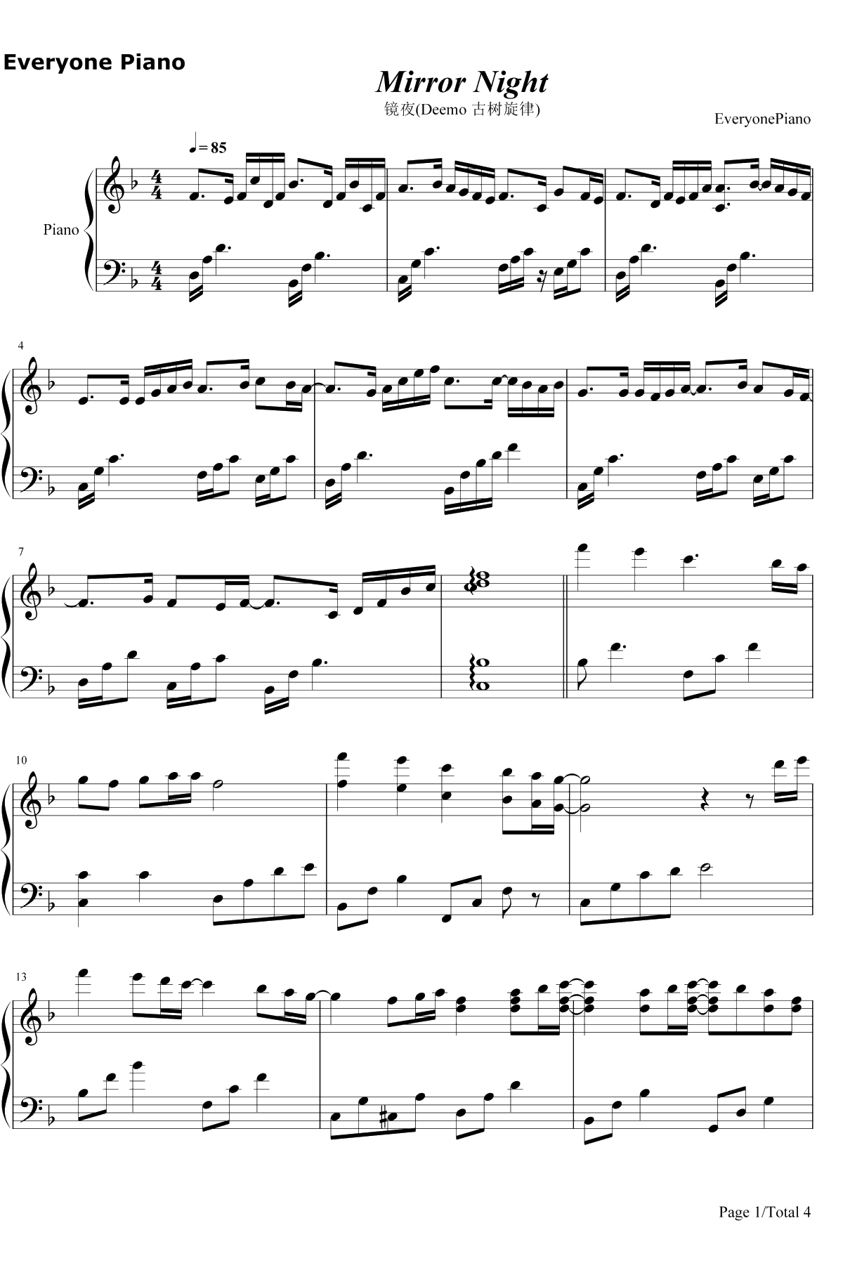 Mirror Night钢琴谱-V.K克-Deemo游戏音乐1