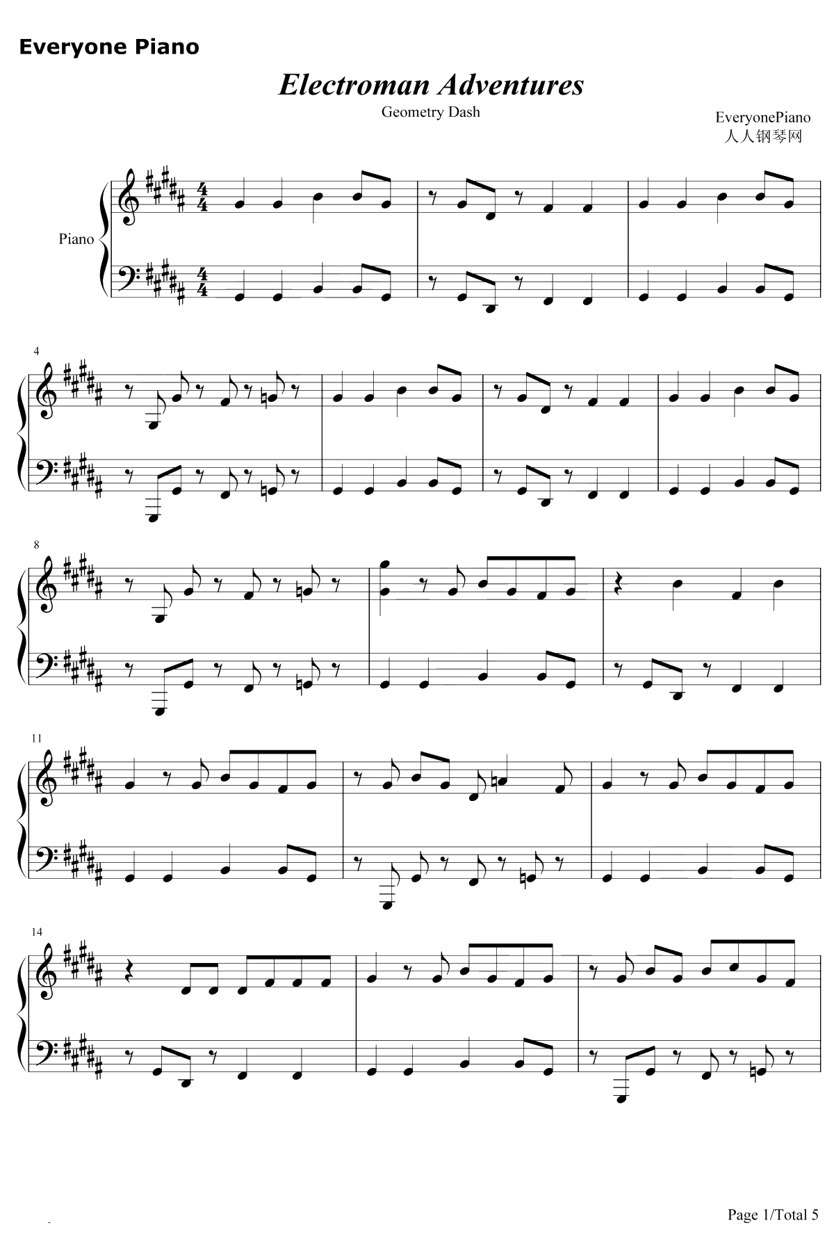 Electroman Adventures钢琴谱-Geometry Dash-几何冲刺BGM1