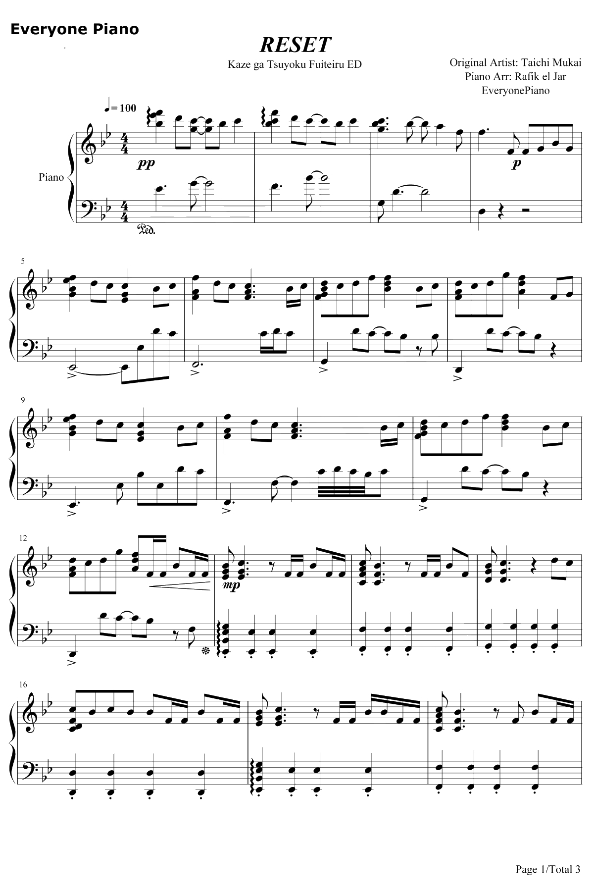 リセット钢琴谱-向井太一-强风吹拂ED1