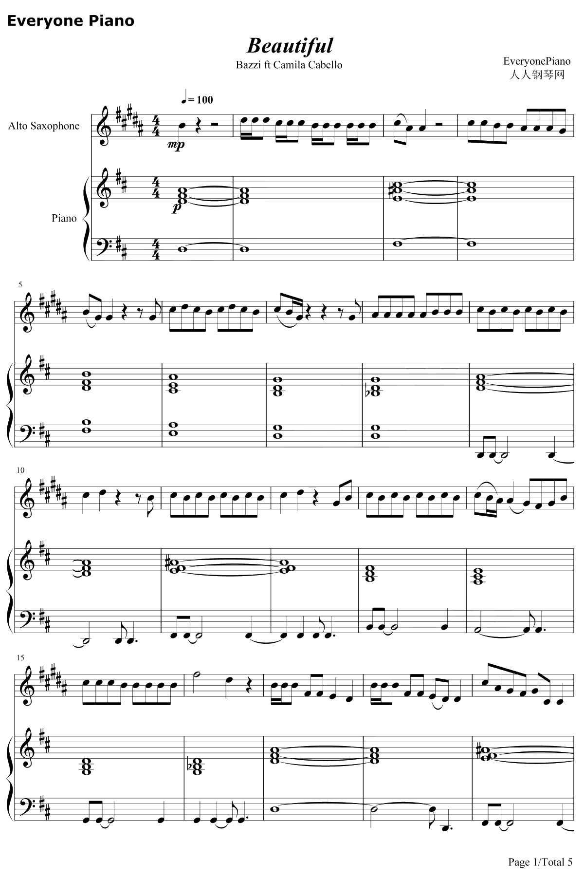 Beautiful钢琴谱-Bazzi1