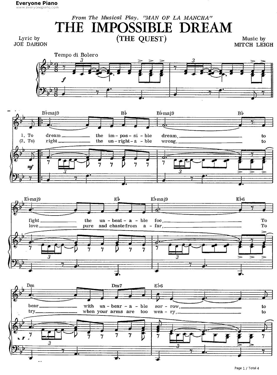The Impossible Dream钢琴谱-MitchLeigh-梦幻骑士ManofLaManchaOST1