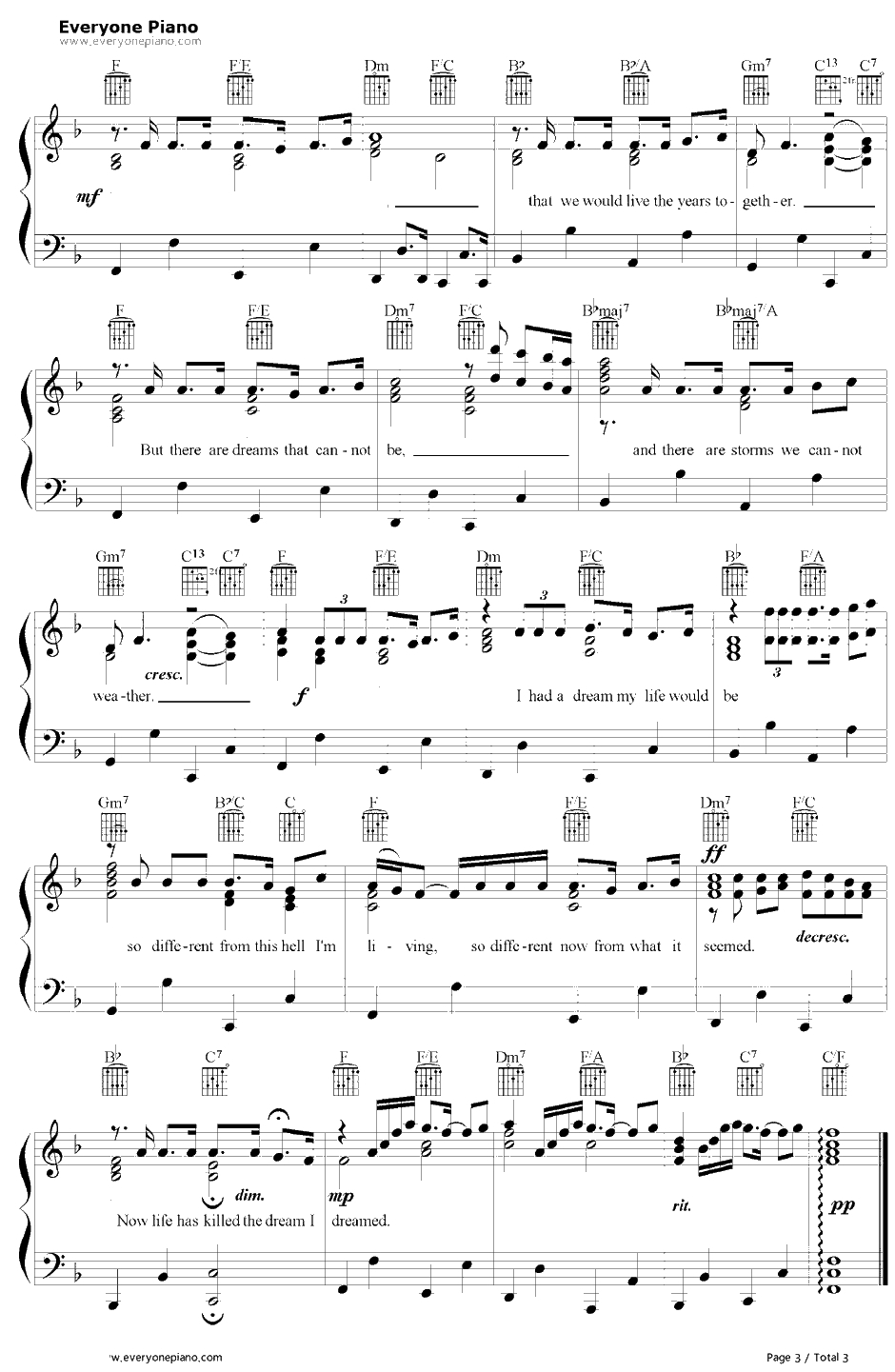 I Dreamed a Dream钢琴谱-伊莲佩姬-悲惨世界OST3