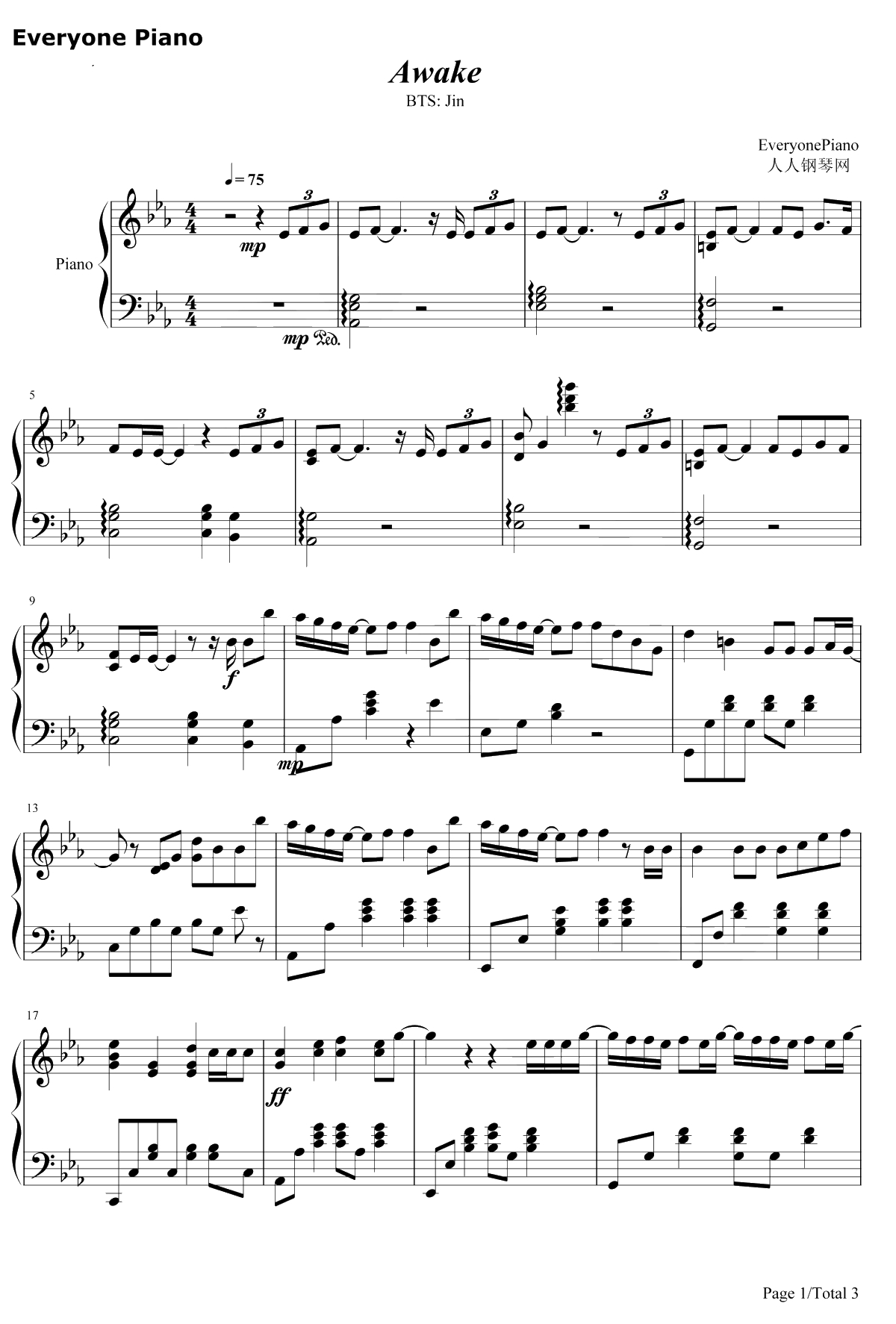 Awake钢琴谱-金硕珍防弹少年团1