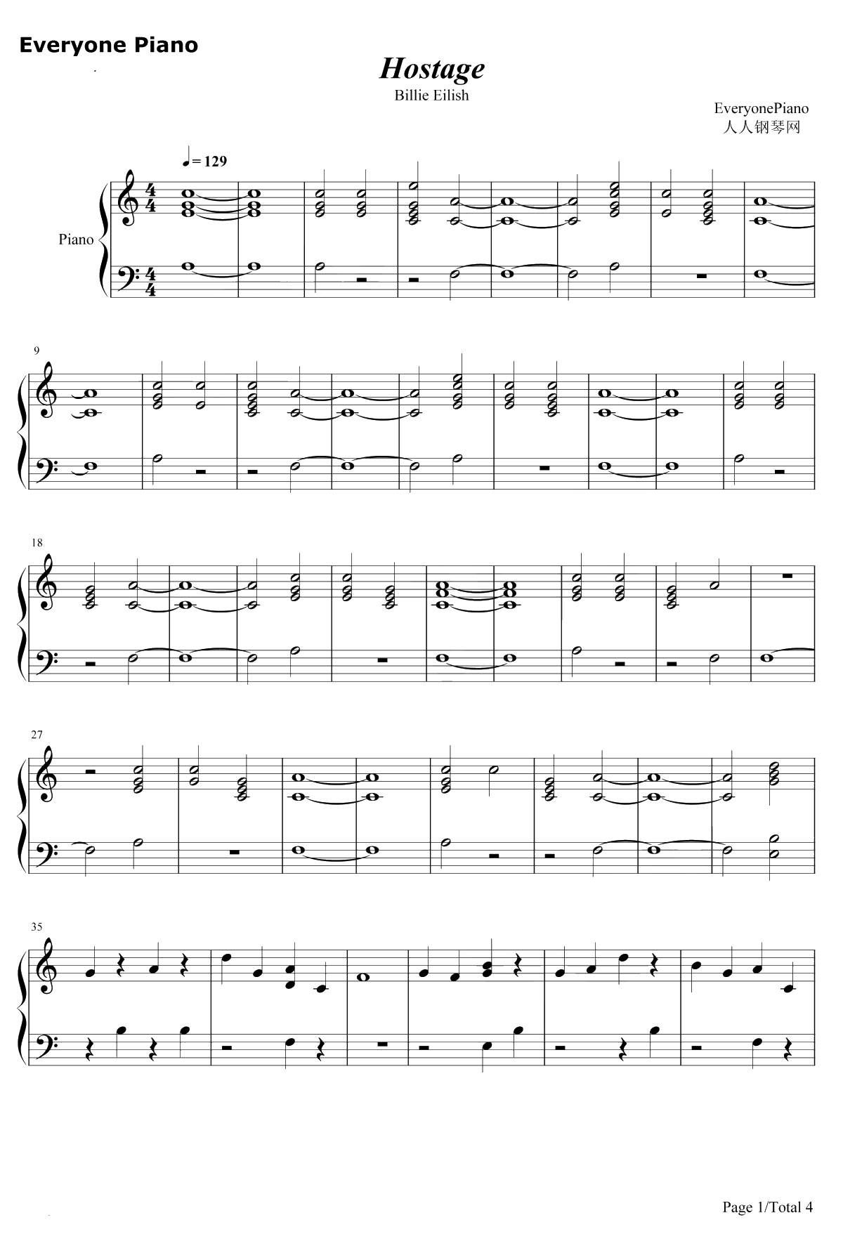 Hostage钢琴谱-Billie Eilish1