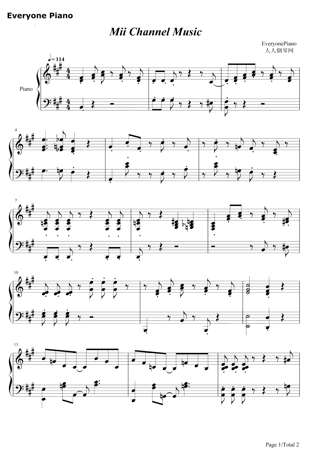 Mii Channel钢琴谱-Kazumi Totaka-任天堂明星大乱斗X原声音乐1