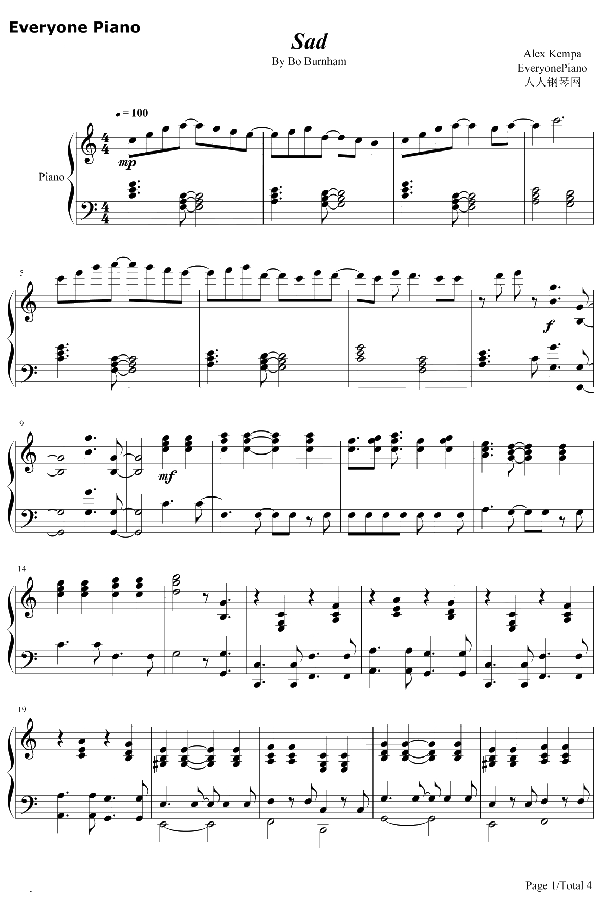 Sad钢琴谱-Bo Burnham1