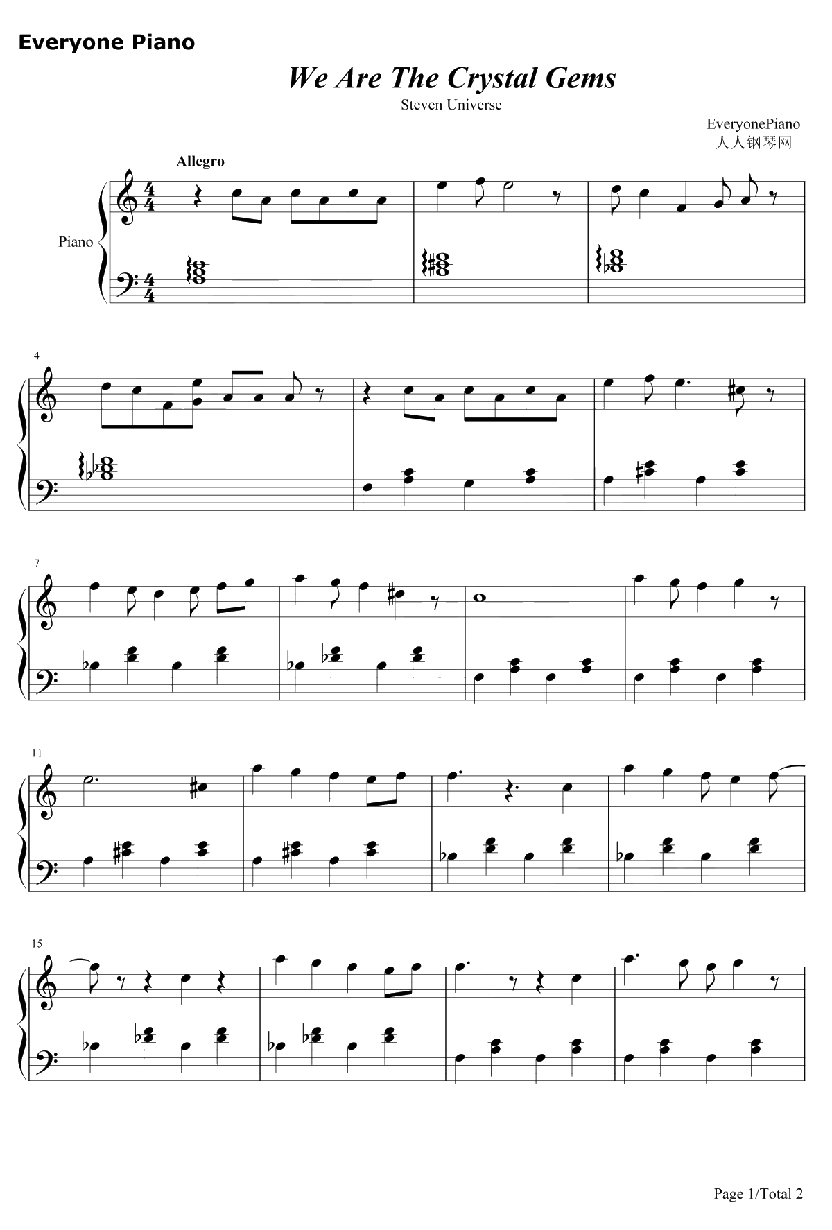 We Are The Crystal Gems钢琴谱-Zach Callison / Estelle / Michaela Dietz/Deedee Magno Hall1