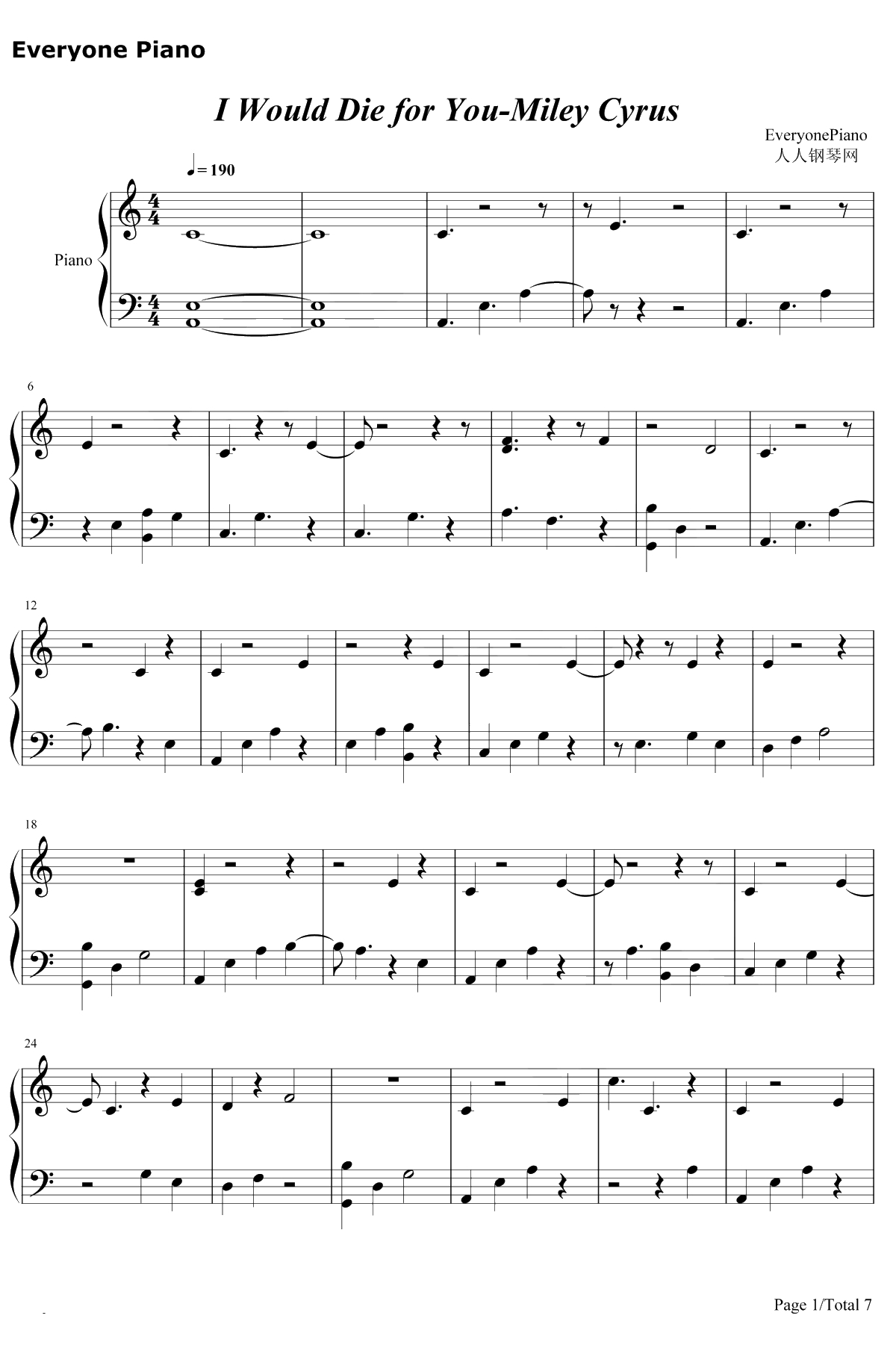 I Would Die for You钢琴谱-Miley Cyrus1