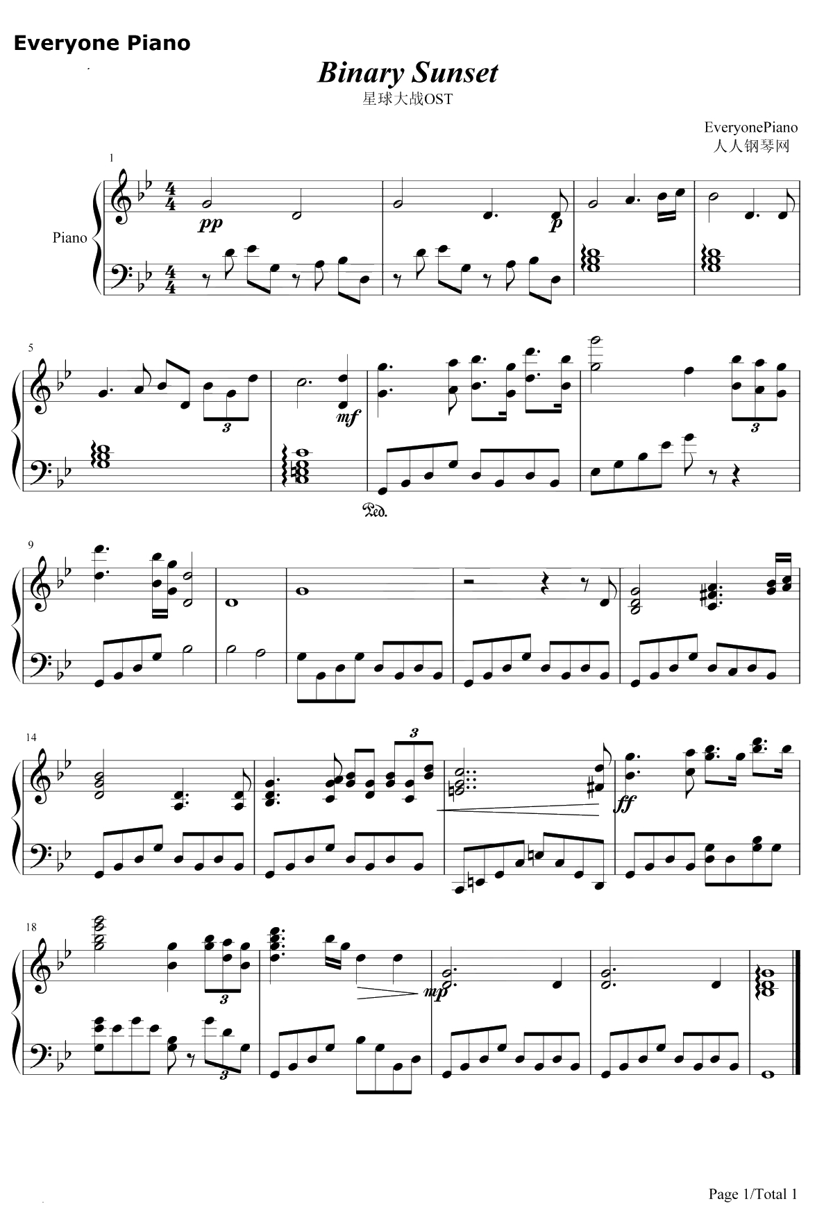 Binary Sunset钢琴谱-John Williams-星球大战OST1