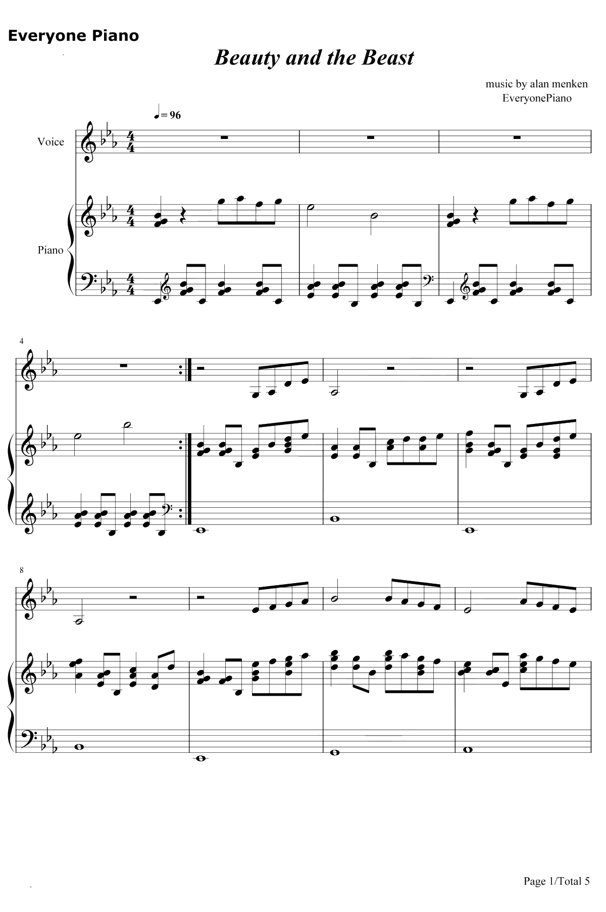 Beauty and the Beast钢琴谱-席琳狄翁-美女与野兽主题曲1