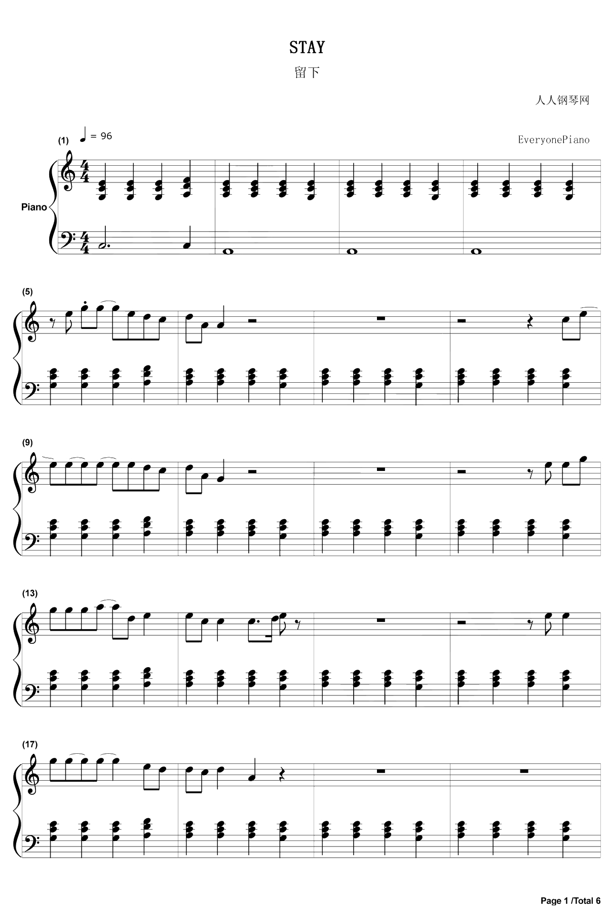 Stay钢琴谱-RihannaMikkyEkko1