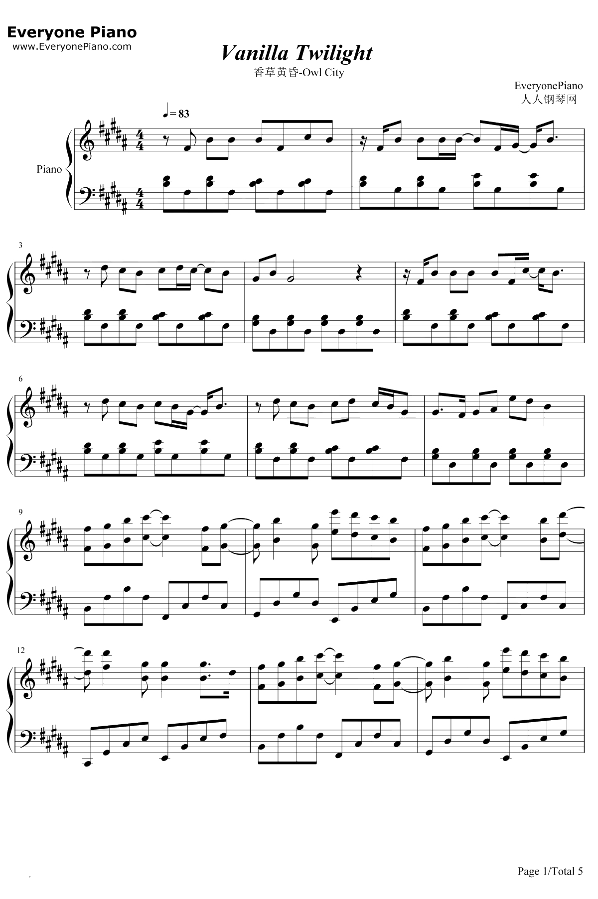 Vanilla Twilight钢琴谱-OwlCity1