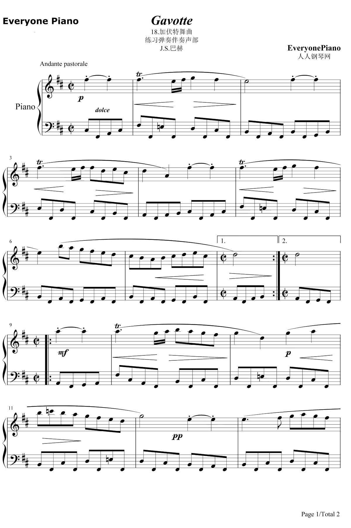 加伏特舞曲18钢琴谱-巴赫初级钢琴曲集1