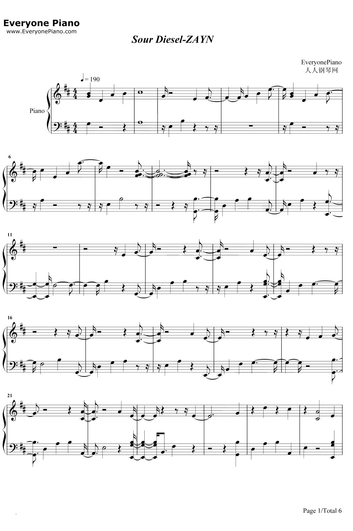 Sour Diesel钢琴谱-ZAYN1