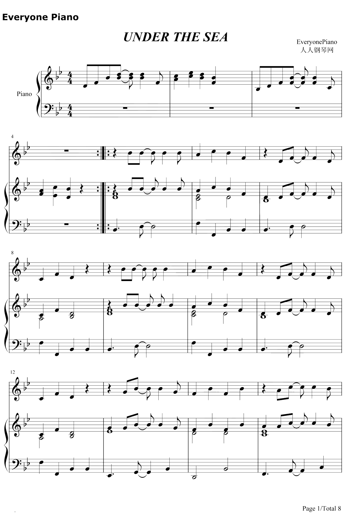 Under the Sea钢琴谱-AlanMenken-小美人鱼主题曲1